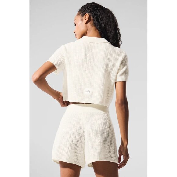 ALO Yoga Cashmere Plush Waffle Polo Tee in Ivory - Picture 3 of 4